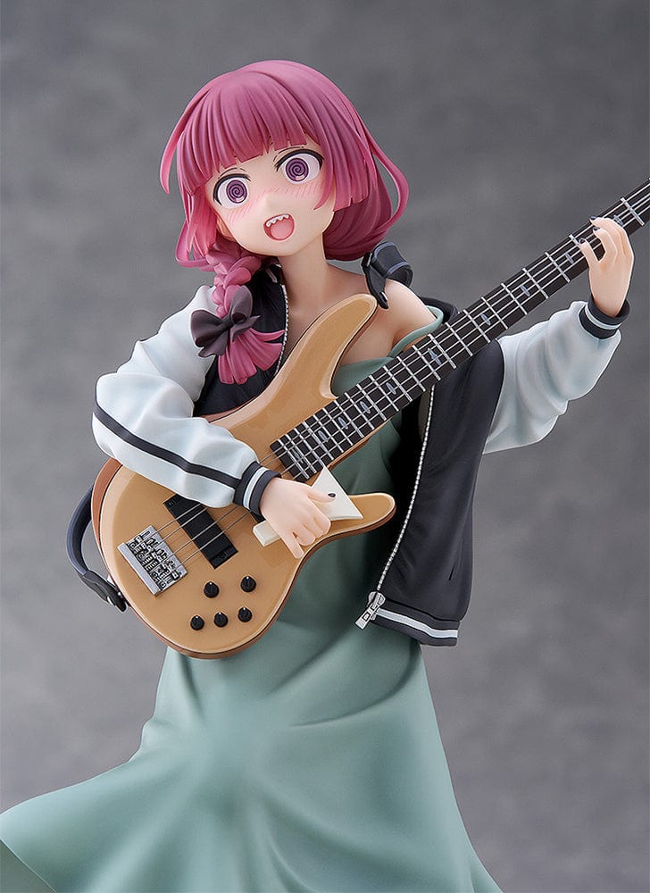 Bocchi the Rock! DreamTech Kikuri Hiroi 1/7 Scale Figure holding bass guitar in performance pose on checkered base.