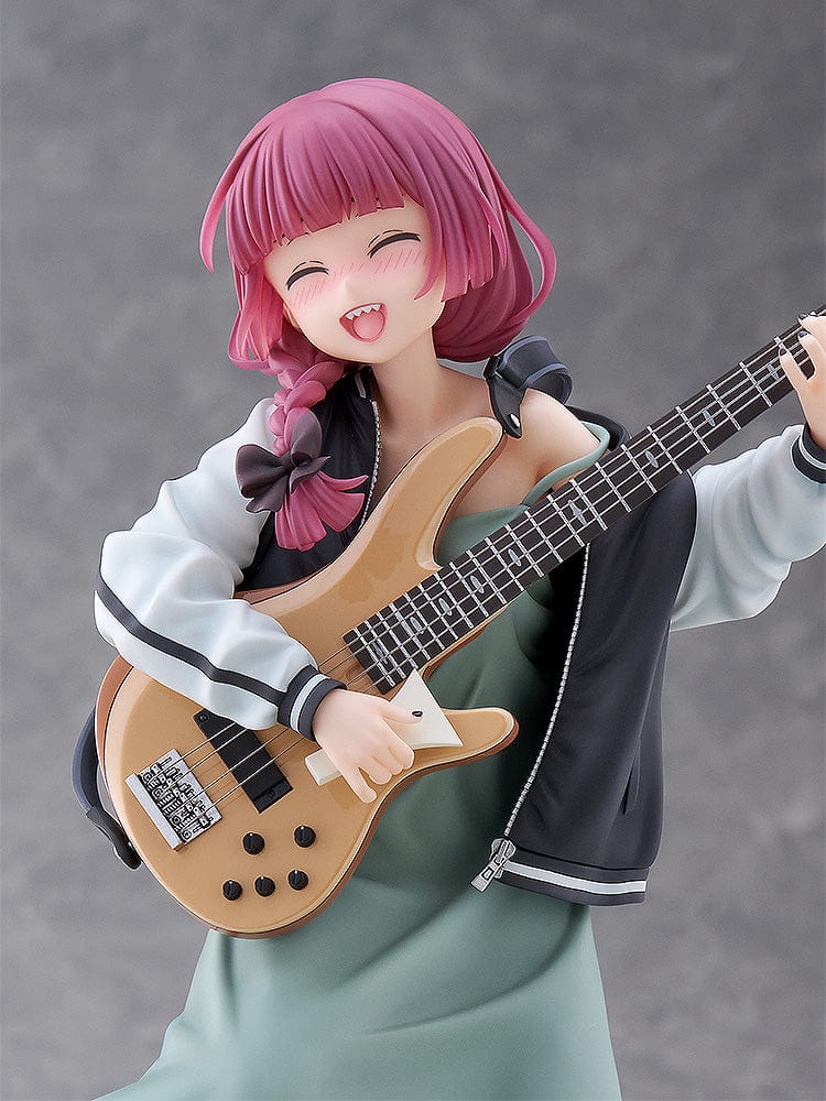 Bocchi the Rock! DreamTech Kikuri Hiroi 1/7 Scale Figure holding bass guitar in performance pose on checkered base.