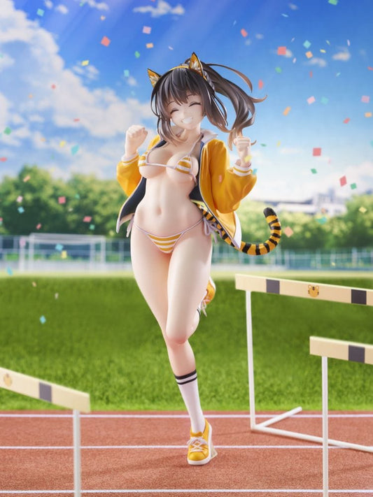 KoiKoi Sakura Torako no Chobimi 1/6 scale figure in striped bikini with tiger ears and tail, posing cheerfully in a sporty outfit.

