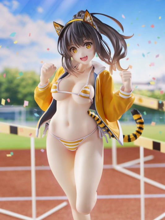 KoiKoi Sakura Torako no Chobimi 1/6 scale figure in striped bikini with tiger ears and tail, posing cheerfully in a sporty outfit.

