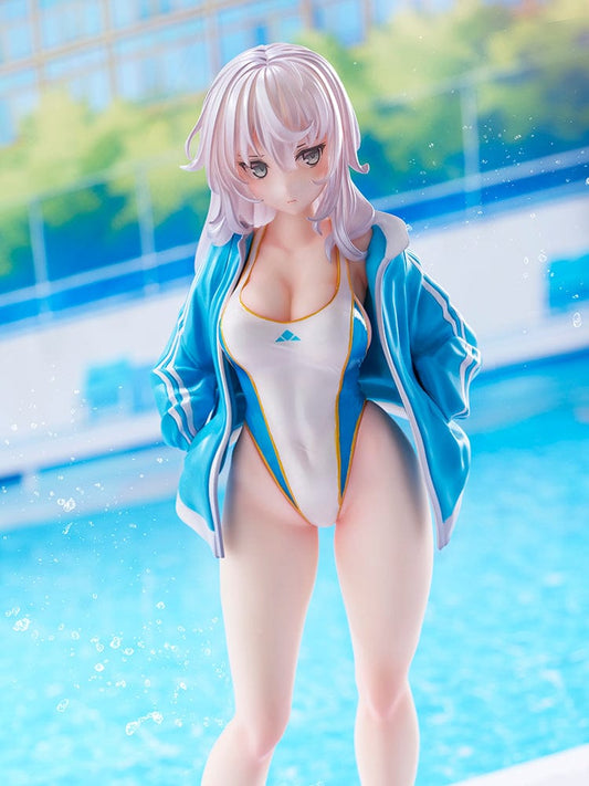Kekemotsu Illustration Tsundere Manager Komari 1/6 Scale Figure, featuring a sporty swimsuit, blue jacket, and athletic stance.