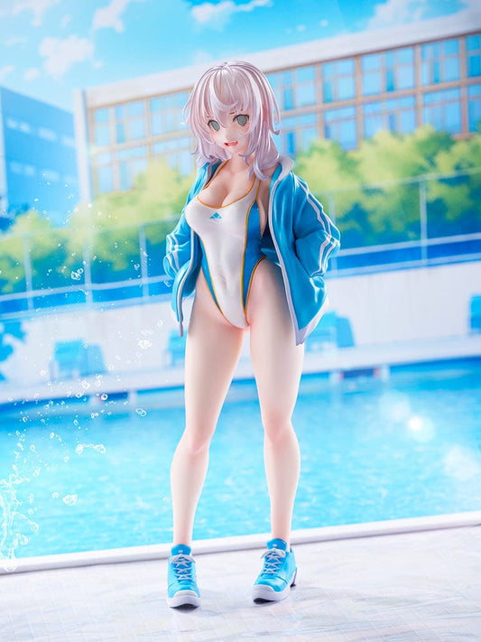 Kekemotsu Illustration Tsundere Manager Komari 1/6 Scale Figure, featuring a sporty swimsuit, blue jacket, and athletic stance.