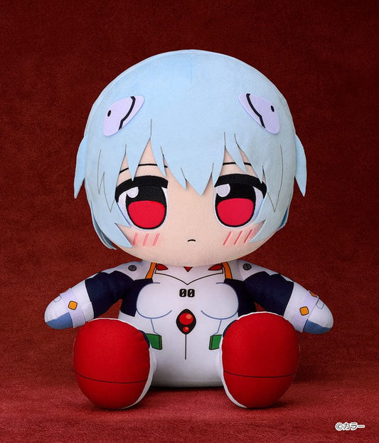Kuripan Big Rei Ayanami Plushie from Rebuild of Evangelion, featuring a chibi-style design in a white plugsuit with embroidered details, red eyes, and soft fabric.