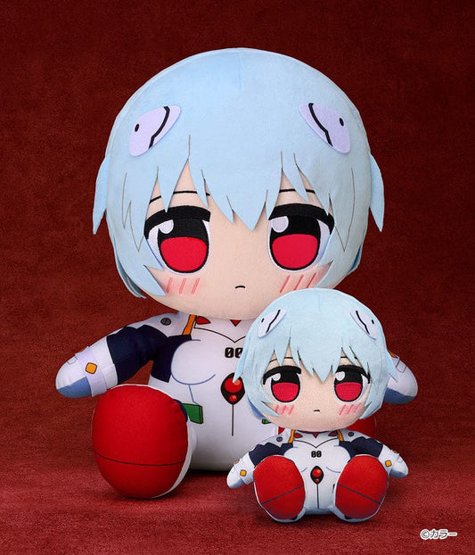 Kuripan Big Rei Ayanami Plushie from Rebuild of Evangelion, featuring a chibi-style design in a white plugsuit with embroidered details, red eyes, and soft fabric.