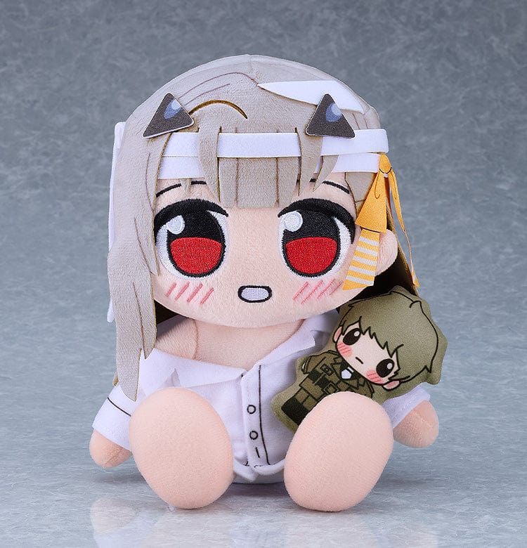 GODDESS OF VICTORY: NIKKE Kuripan Plushie Modernia with red eyes and mini plush accessory.