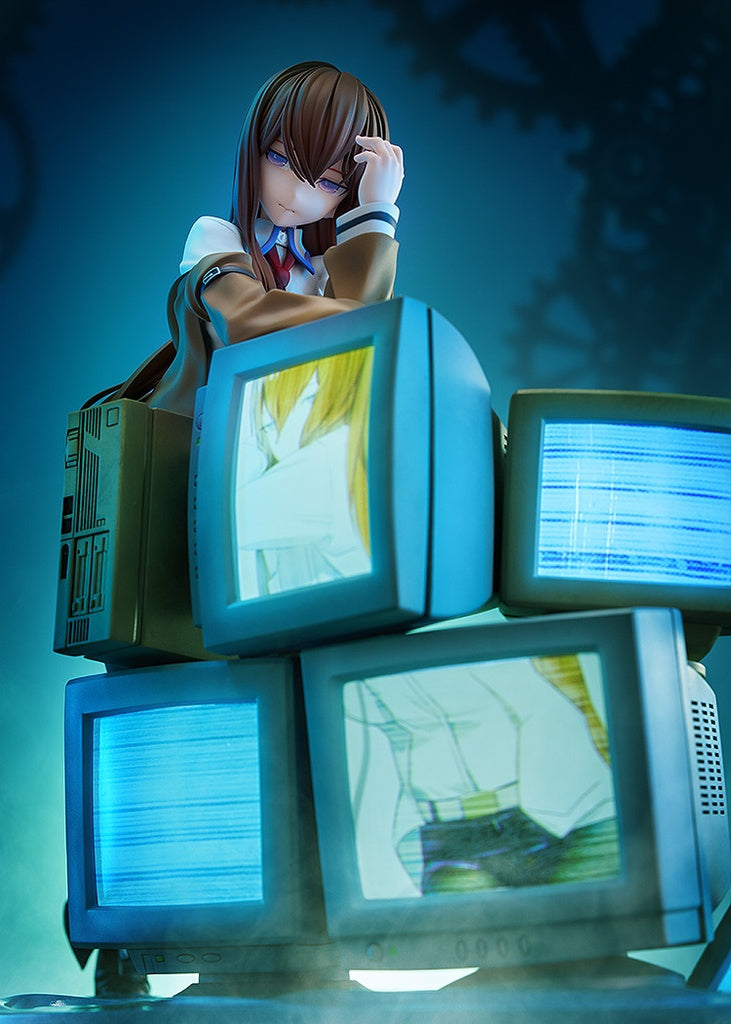 Steins;Gate 0 KD Colle Kurisu Makise (With LED Light-Up Feature) 1/7 Scale Figure - Detailed anime figure of Kurisu Makise in a dynamic pose, leaning against a stack of vintage monitors with LED lights, featuring her signature outfit and expressive face.