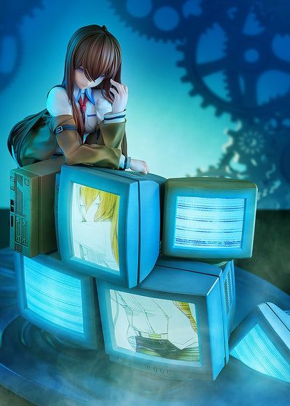 Steins;Gate 0 KD Colle Kurisu Makise (With LED Light-Up Feature) 1/7 Scale Figure - Detailed anime figure of Kurisu Makise in a dynamic pose, leaning against a stack of vintage monitors with LED lights, featuring her signature outfit and expressive face.