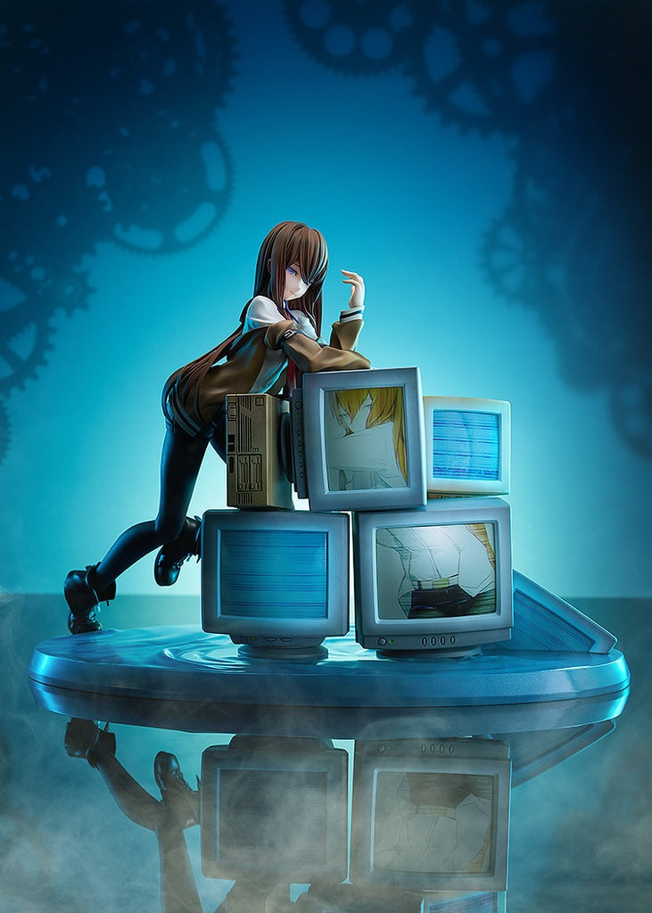 Steins;Gate 0 KD Colle Kurisu Makise 1/7 Scale Figure - Detailed anime figure of Kurisu Makise in a dynamic pose, leaning against a stack of vintage monitors displaying glitchy images, featuring her signature lab coat and expressive face.