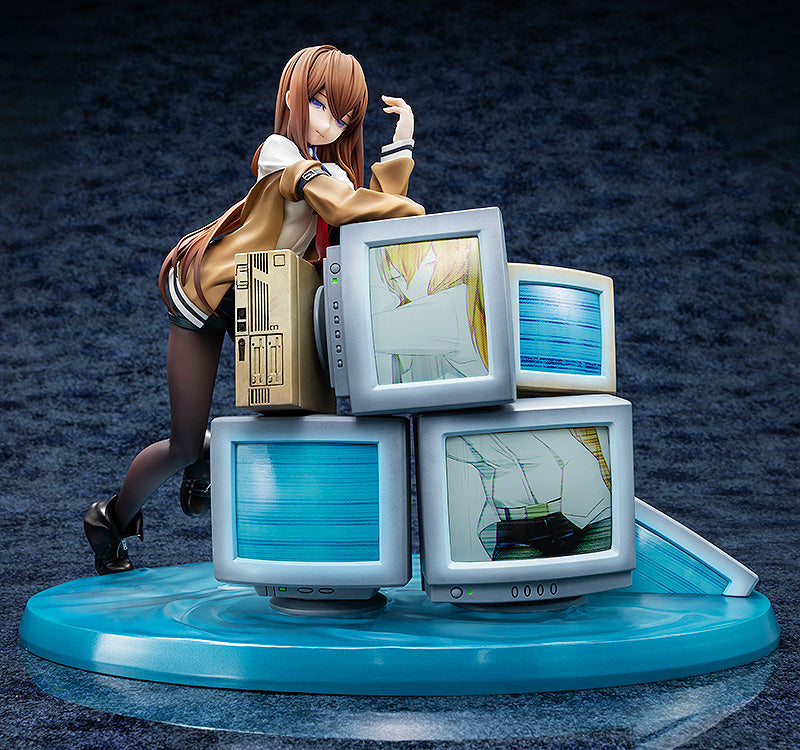 Steins;Gate 0 KD Colle Kurisu Makise 1/7 Scale Figure - Detailed anime figure of Kurisu Makise in a dynamic pose, leaning against a stack of vintage monitors displaying glitchy images, featuring her signature lab coat and expressive face.