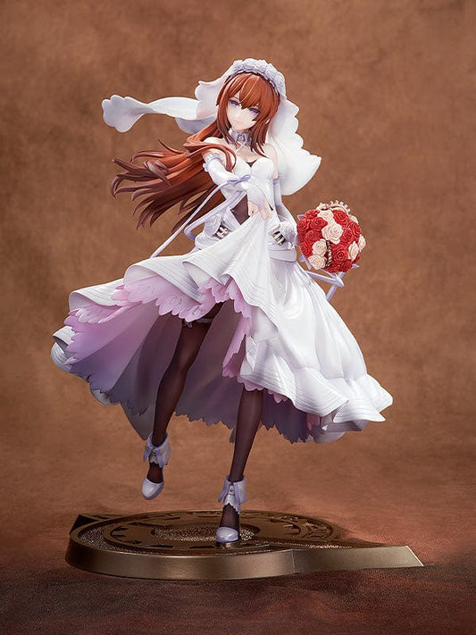 A 1/7 scale figure of Kurisu Makise from "Steins;Gate," elegantly presented in a wedding dress version. The figure captures Kurisu's sophisticated beauty with her in a flowing white gown, accented with delicate lace and floral details, complemented by her soft, auburn hair and tender expression.