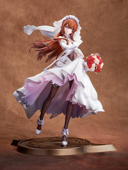A 1/7 scale figure of Kurisu Makise from "Steins;Gate," elegantly presented in a wedding dress version. The figure captures Kurisu's sophisticated beauty with her in a flowing white gown, accented with delicate lace and floral details, complemented by her soft, auburn hair and tender expression.