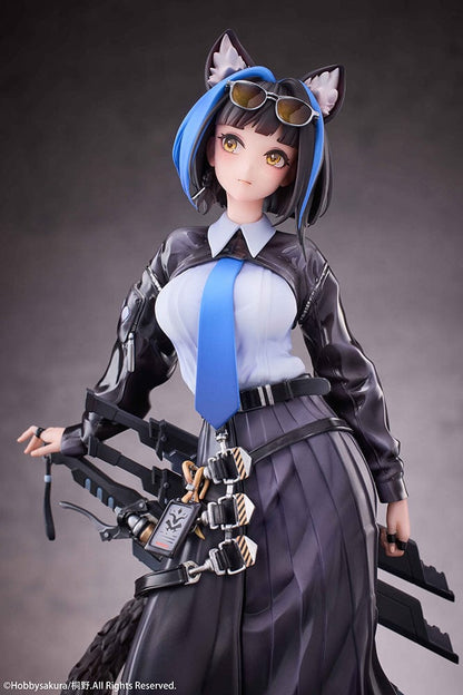 Kirino Illustration Kuro 1/7 Scale Figure with sleek black outfit, detailed accessories, and confident expression, standing on a rocky base.