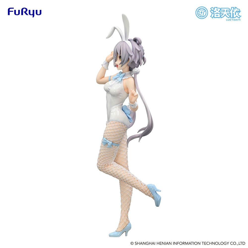 Vsinger BiCute Bunnies Luo Tian Yi Figure in a white bunny outfit with fishnet stockings, flowing twin tails, and a playful expression.