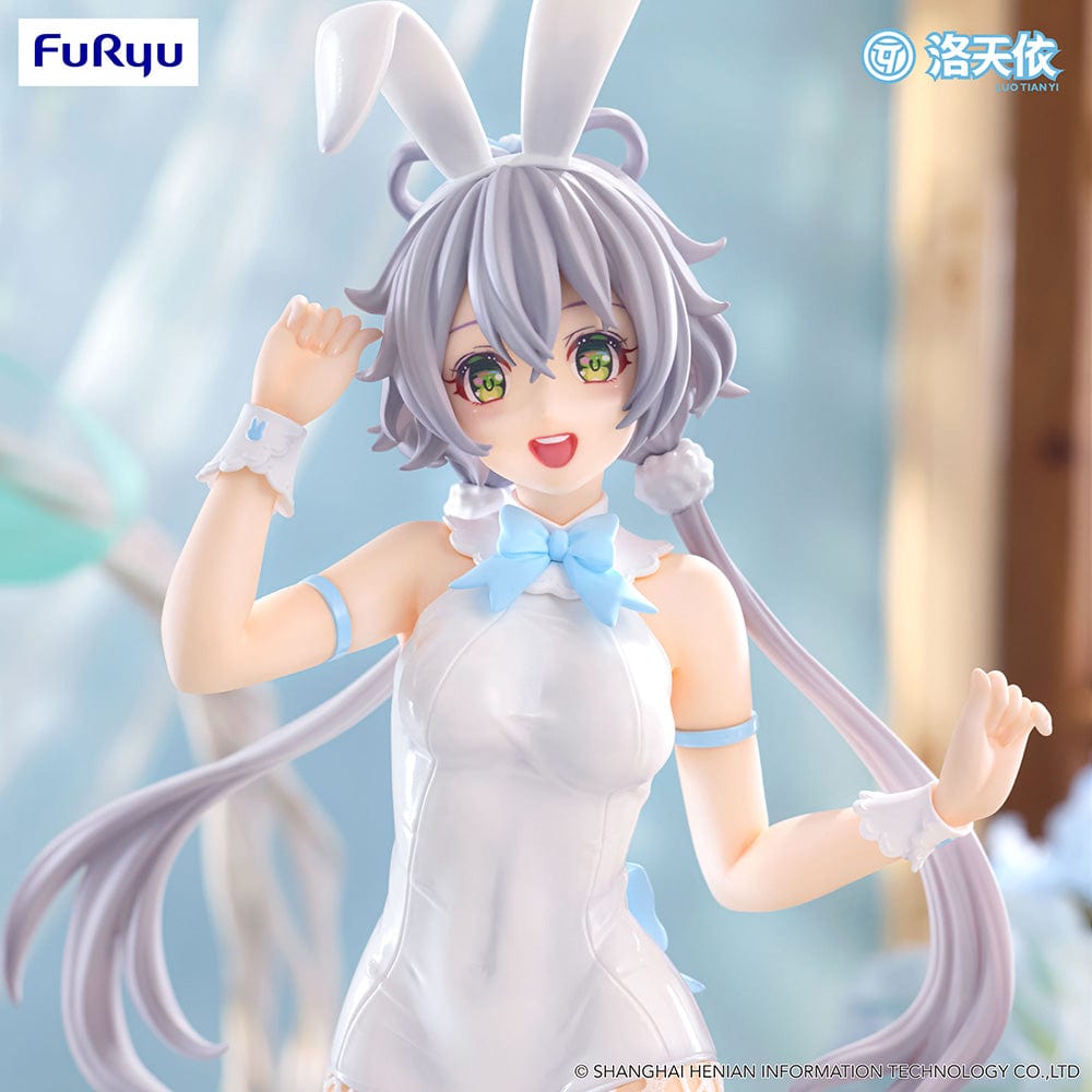 Vsinger BiCute Bunnies Luo Tian Yi Figure in a white bunny outfit with fishnet stockings, flowing twin tails, and a playful expression.