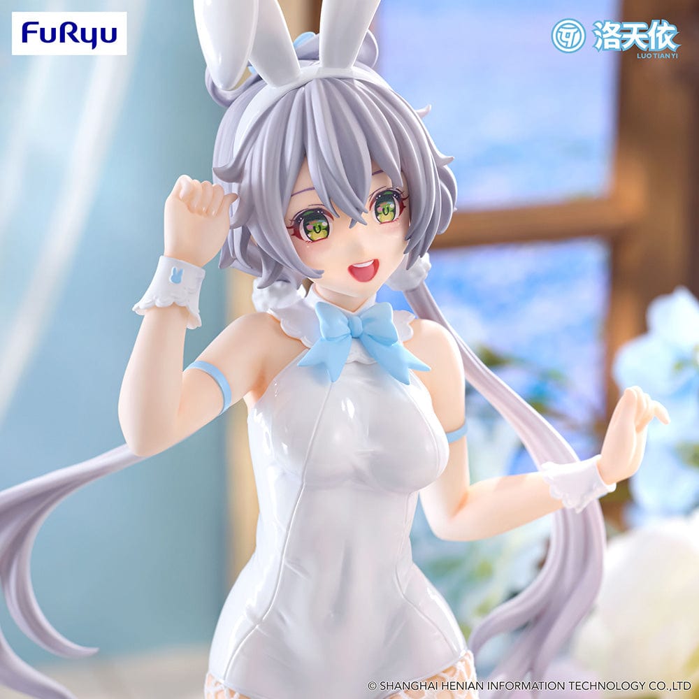 Vsinger BiCute Bunnies Luo Tian Yi Figure in a white bunny outfit with fishnet stockings, flowing twin tails, and a playful expression.