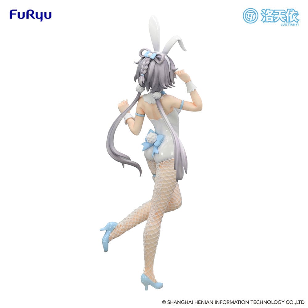 Vsinger BiCute Bunnies Luo Tian Yi Figure in a white bunny outfit with fishnet stockings, flowing twin tails, and a playful expression.