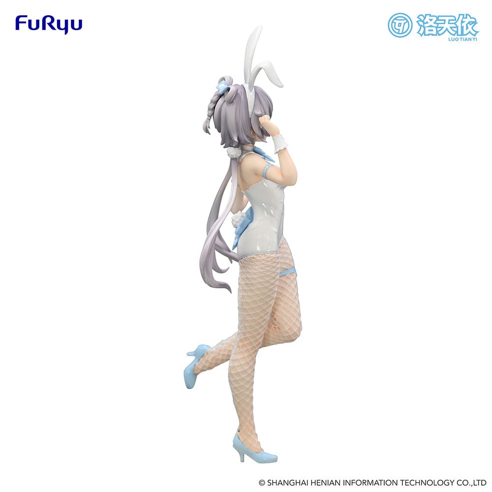 Vsinger BiCute Bunnies Luo Tian Yi Figure in a white bunny outfit with fishnet stockings, flowing twin tails, and a playful expression.