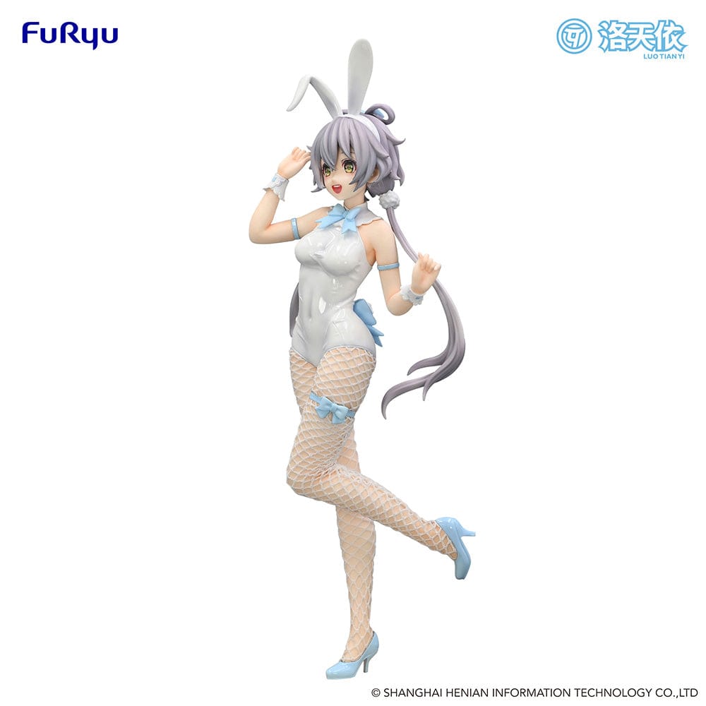 Vsinger BiCute Bunnies Luo Tian Yi Figure in a white bunny outfit with fishnet stockings, flowing twin tails, and a playful expression.