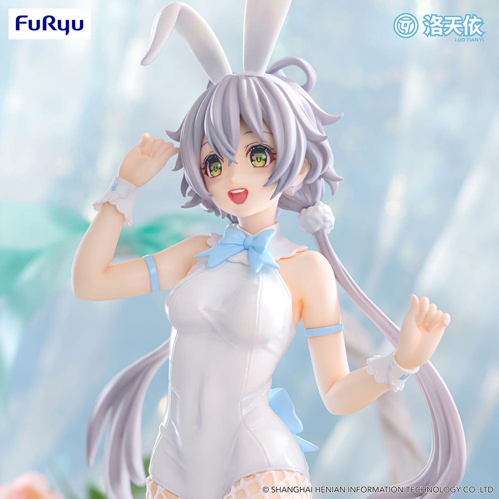 Vsinger BiCute Bunnies Luo Tian Yi Figure in a white bunny outfit with fishnet stockings, flowing twin tails, and a playful expression.