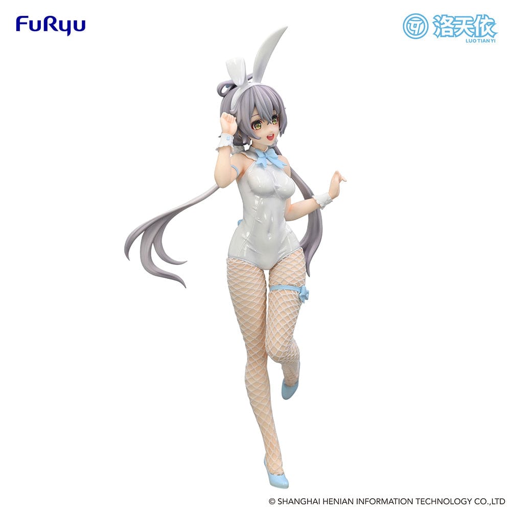 Vsinger BiCute Bunnies Luo Tian Yi Figure in a white bunny outfit with fishnet stockings, flowing twin tails, and a playful expression.