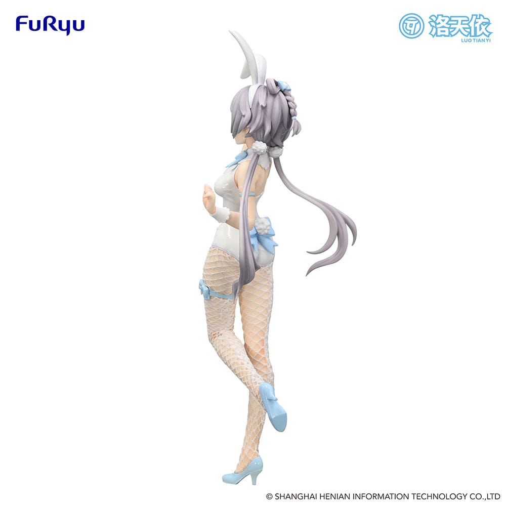 Vsinger BiCute Bunnies Luo Tian Yi Figure in a white bunny outfit with fishnet stockings, flowing twin tails, and a playful expression.