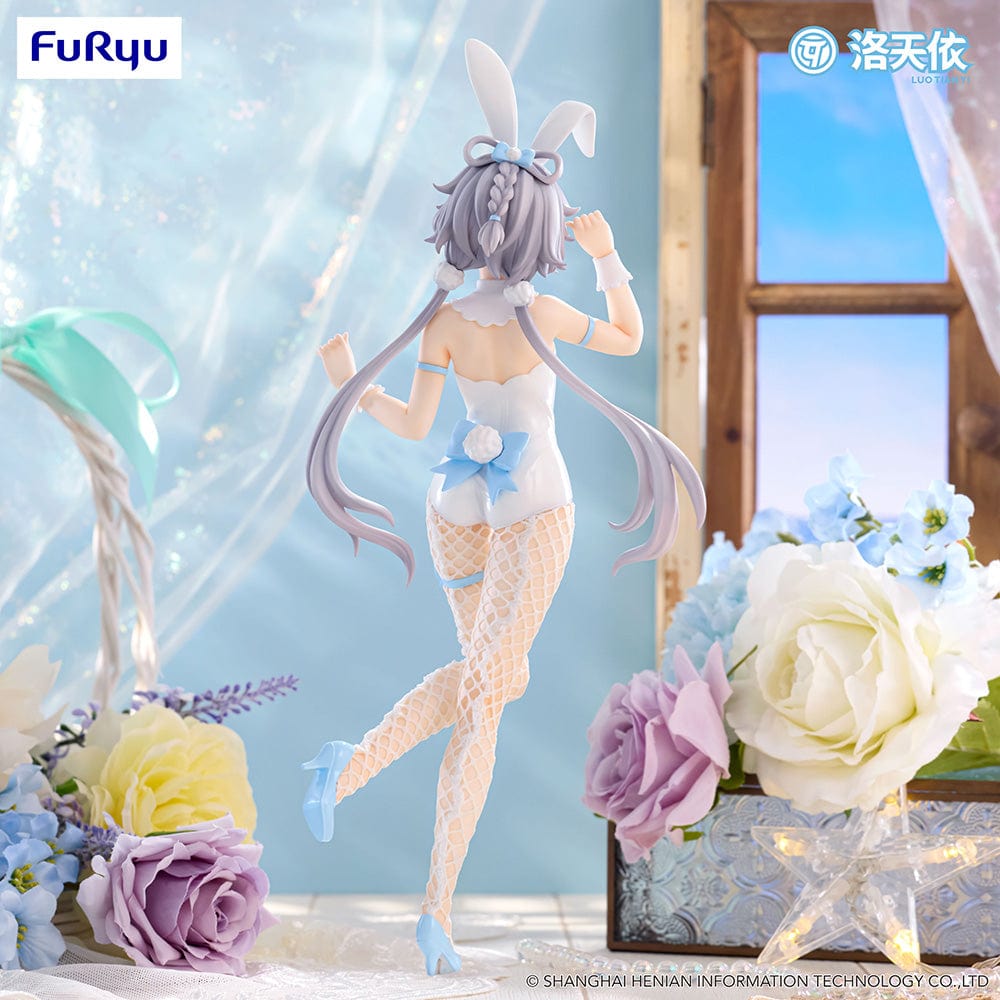 Vsinger BiCute Bunnies Luo Tian Yi Figure in a white bunny outfit with fishnet stockings, flowing twin tails, and a playful expression.