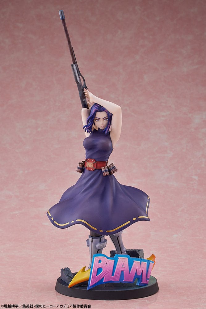 My Hero Academia Lady Nagant 1/8 Scale Figure featuring Lady Nagant aiming her rifle arm with a 'BLAM!' comic effect at her feet.