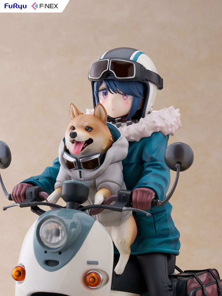 Rin Shima (Season 3) 1/7 Scale Figure, featuring the character riding her scooter with her Shiba Inu dog, set on a base resembling a road transitioning to a grassy campsite, capturing her adventurous spirit.
