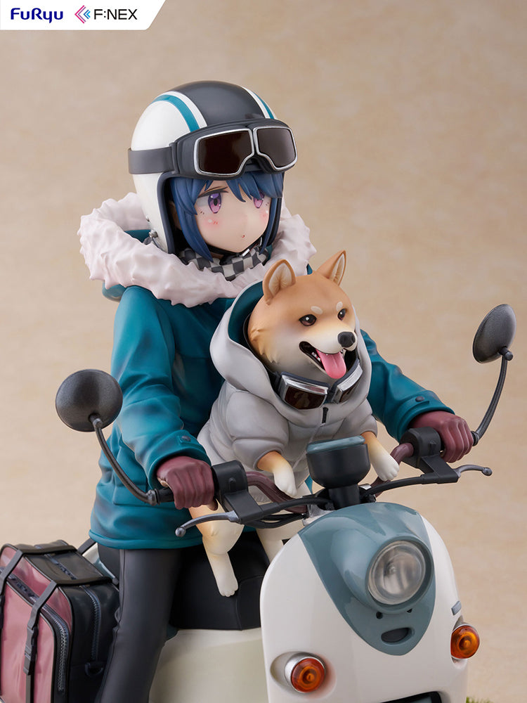 Rin Shima (Season 3) 1/7 Scale Figure, featuring the character riding her scooter with her Shiba Inu dog, set on a base resembling a road transitioning to a grassy campsite, capturing her adventurous spirit.