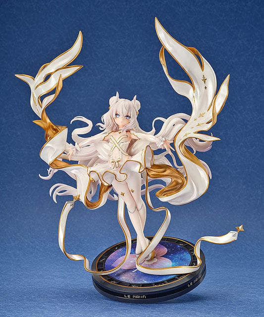 Azur Lane's Le Malin (Mu Ver.) 1/7 scale figure featuring her in a celestial-themed outfit with flowing white and gold ribbons. She stands on a starry base, presenting a mystical and ethereal appearance. Her costume is detailed with fine gold accents and she has fox-like ears and a tail, enhancing her mystical character design.