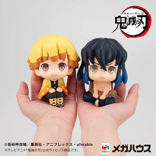 Demon Slayer: Kimetsu no Yaiba Look Up Series Zenitsu Agatsuma (Smile Ver.) & Inosuke Hashibira (Bossy Ver.) Set featuring chibi-style figures in endearing poses with detailed expressions and vibrant colors.