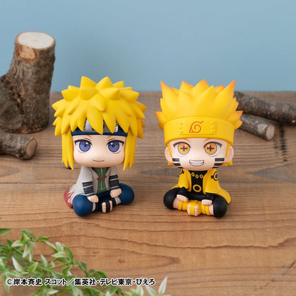 Naruto: Shippuden Look Up Series Naruto Uzumaki Six Paths Sage Mode & Minato Namikaze figure set, featuring chibi-style seated poses with vibrant details and bonus gift included.