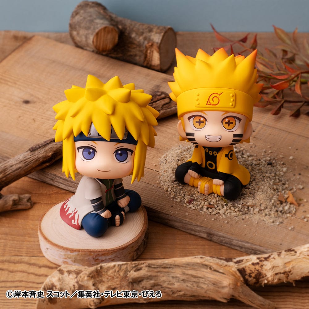 Naruto: Shippuden Look Up Series Naruto Uzumaki Six Paths Sage Mode & Minato Namikaze figure set, featuring chibi-style seated poses with vibrant details and bonus gift included.