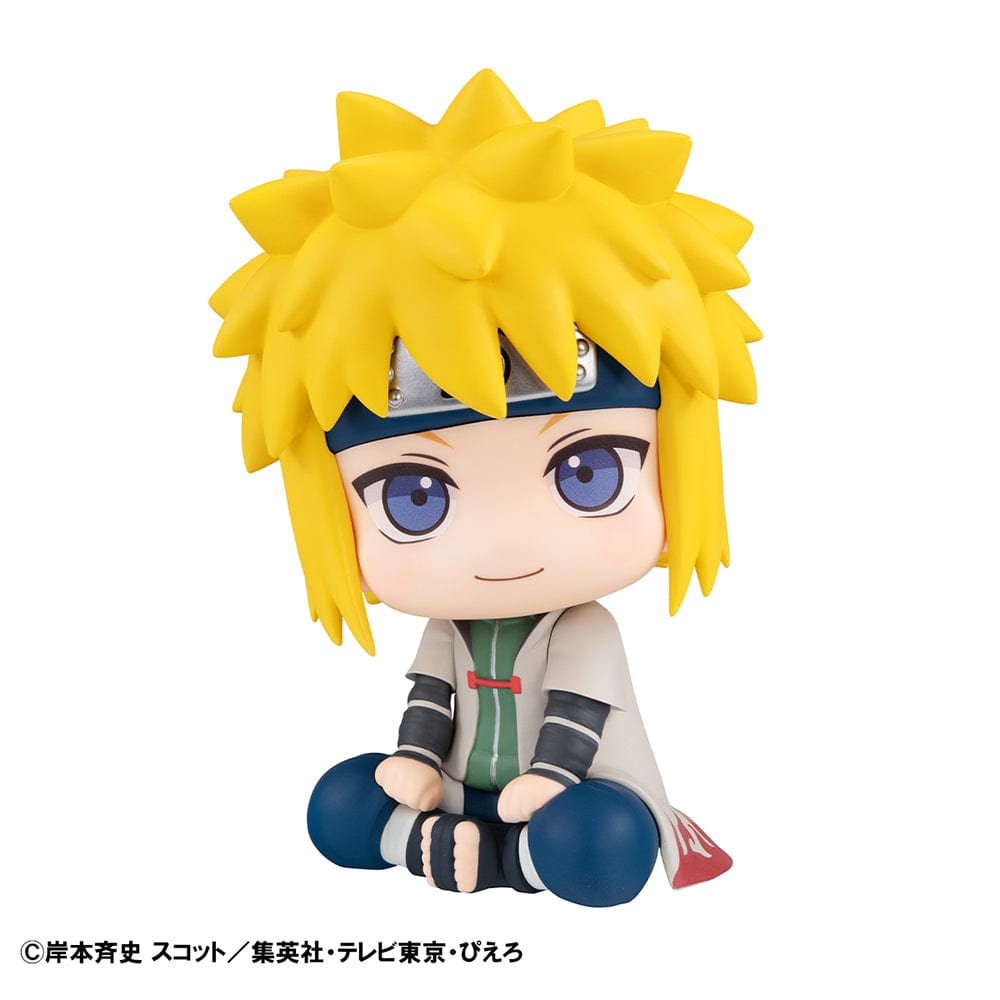 Naruto: Shippuden Look Up Series Minato Namikaze Figure, featuring Minato in a chibi-style seated pose with Hokage cloak and Leaf Village headband.