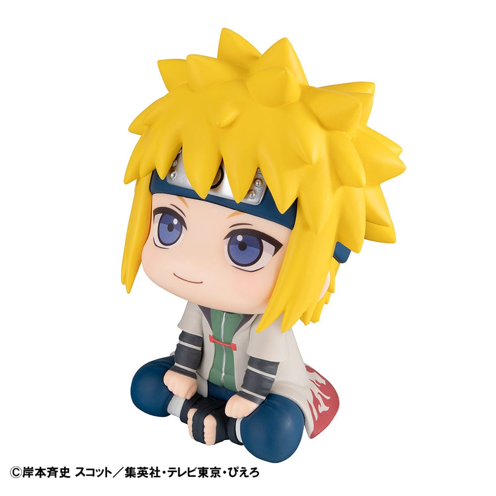 Naruto: Shippuden Look Up Series Minato Namikaze Figure, featuring Minato in a chibi-style seated pose with Hokage cloak and Leaf Village headband.