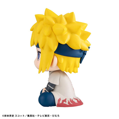 Naruto: Shippuden Look Up Series Minato Namikaze Figure, featuring Minato in a chibi-style seated pose with Hokage cloak and Leaf Village headband.