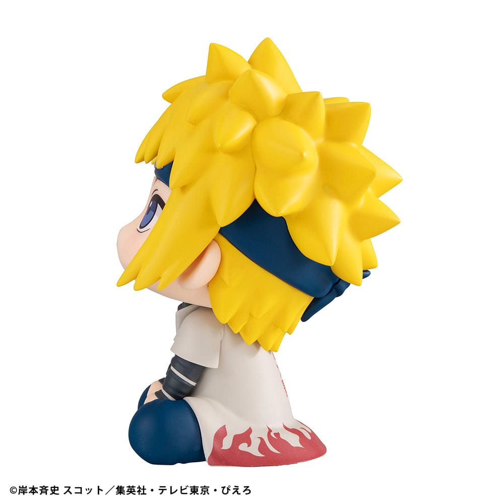 Naruto: Shippuden Look Up Series Minato Namikaze Figure, featuring Minato in a chibi-style seated pose with Hokage cloak and Leaf Village headband.