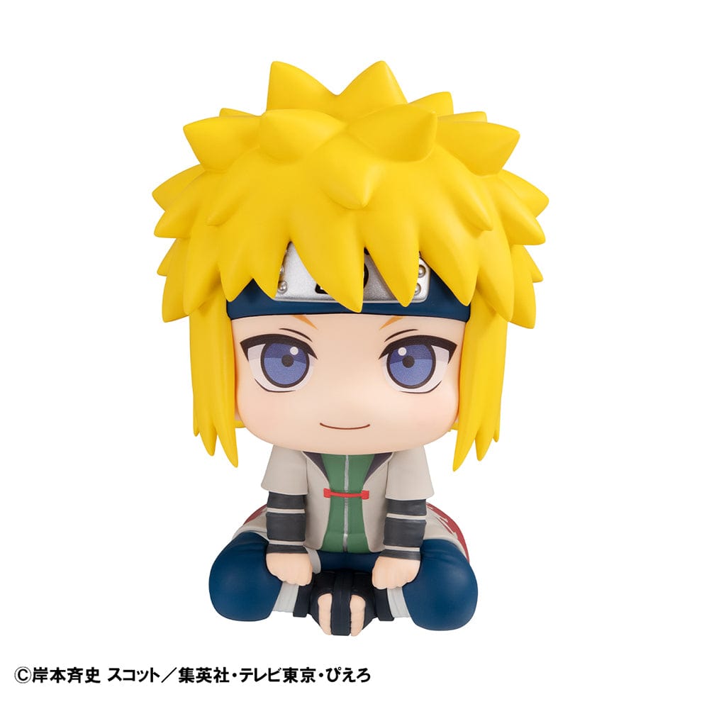 Naruto: Shippuden Look Up Series Minato Namikaze Figure, featuring Minato in a chibi-style seated pose with Hokage cloak and Leaf Village headband.