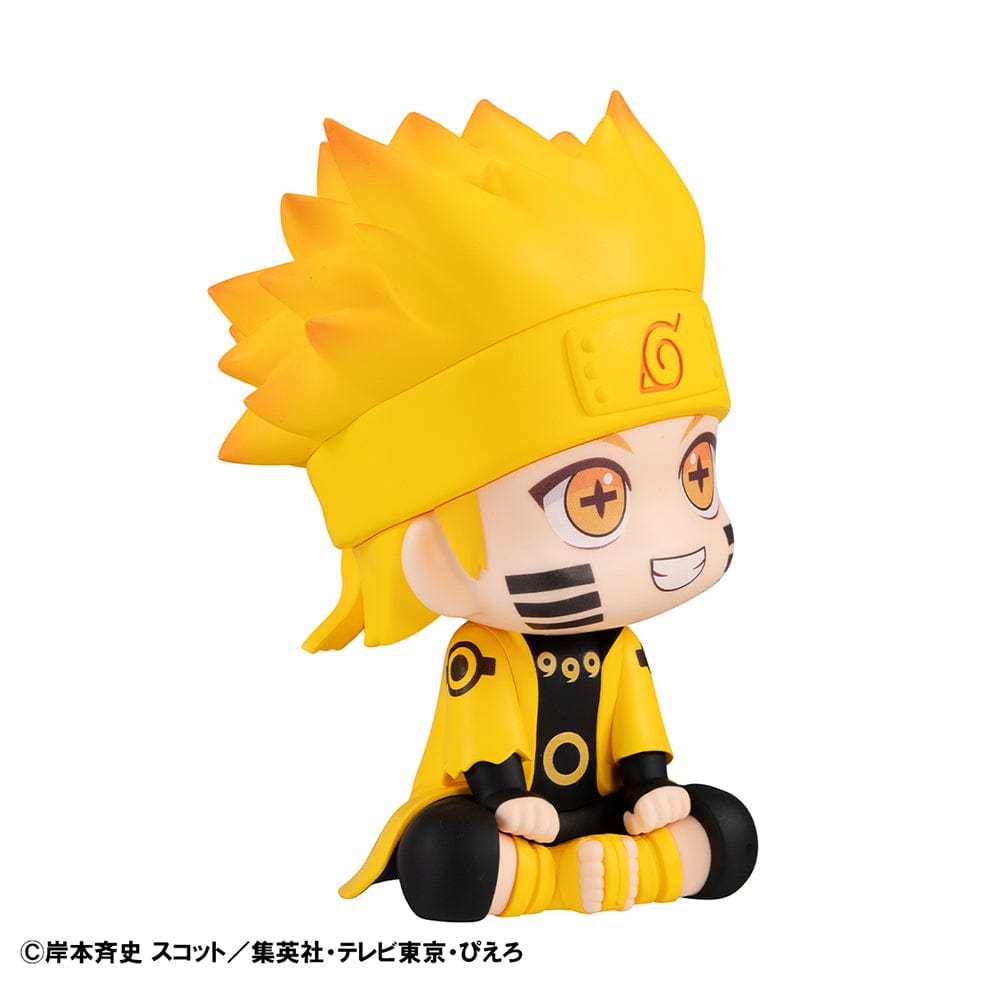 Naruto: Shippuden Look Up Series Naruto Uzumaki Six Paths Sage Mode Figure, featuring Naruto in golden Sage cloak with seated chibi pose, set against a rustic natural background.