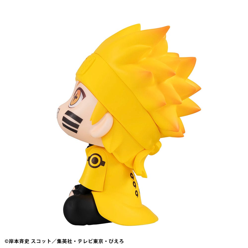 Naruto: Shippuden Look Up Series Naruto Uzumaki Six Paths Sage Mode Figure, featuring Naruto in golden Sage cloak with seated chibi pose, set against a rustic natural background.