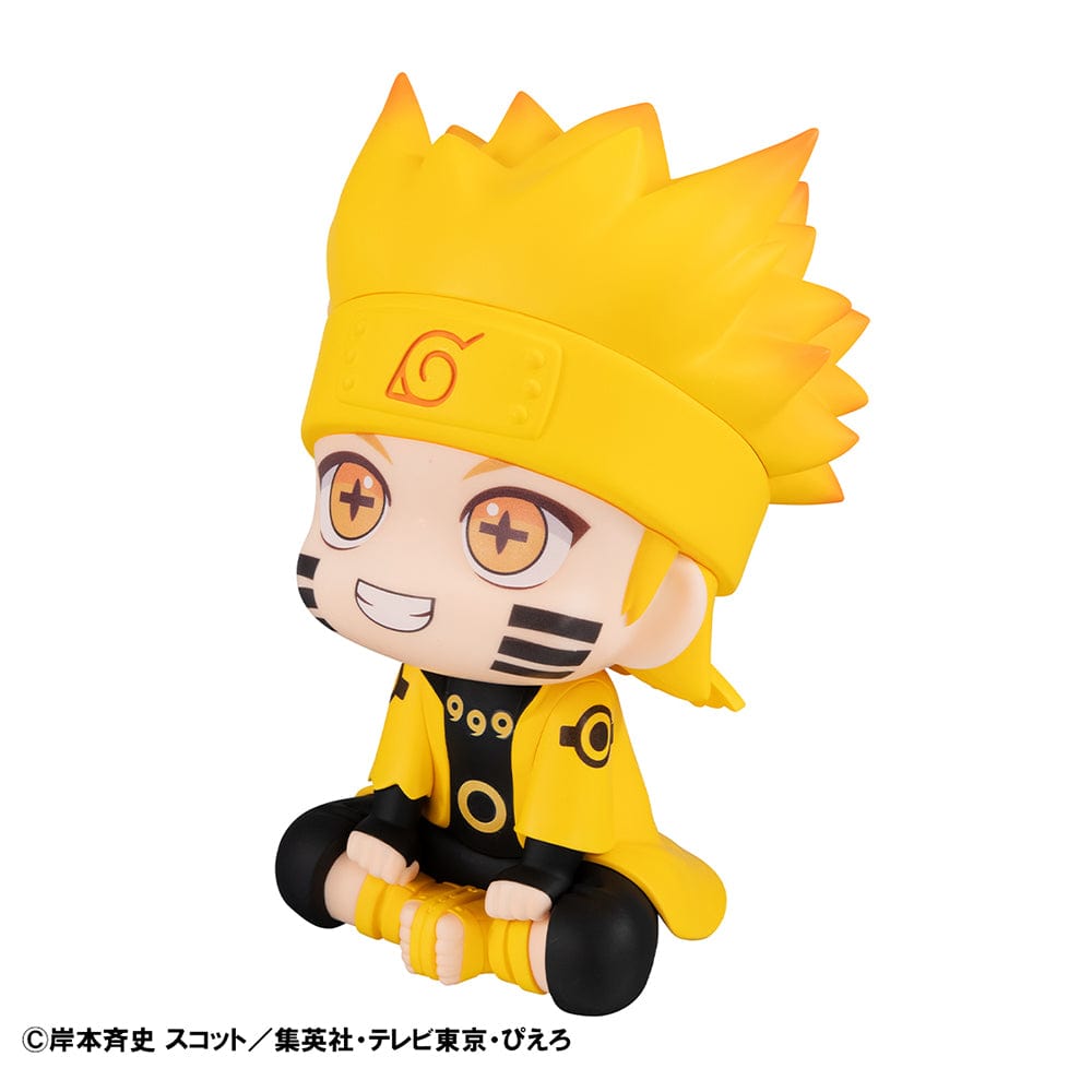 Naruto: Shippuden Look Up Series Naruto Uzumaki Six Paths Sage Mode Figure, featuring Naruto in golden Sage cloak with seated chibi pose, set against a rustic natural background.