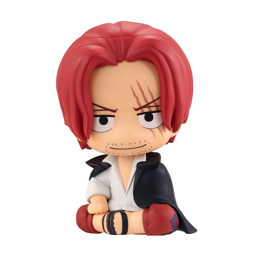 "One Piece Look Up Series Shanks with Gift - Cute chibi-style figure of Shanks in his signature attire, seated and looking up with expressive eyes, featuring his iconic red hair and confident expression."