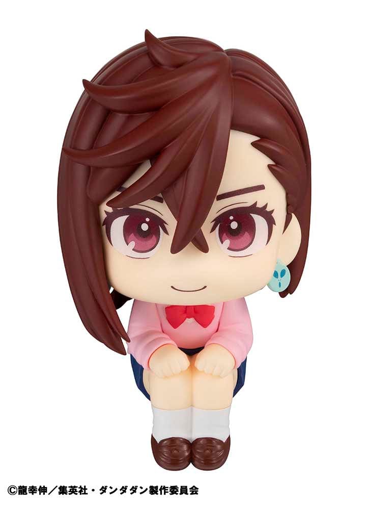 Dandadan Look Up Series Momo Figure, featuring chibi-style design with side-swept hair, pink sweater, schoolgirl outfit, and upward gaze.