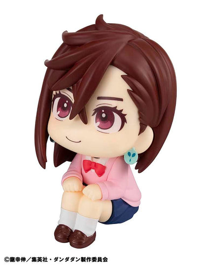 Dandadan Look Up Series Momo Figure, featuring chibi-style design with side-swept hair, pink sweater, schoolgirl outfit, and upward gaze.