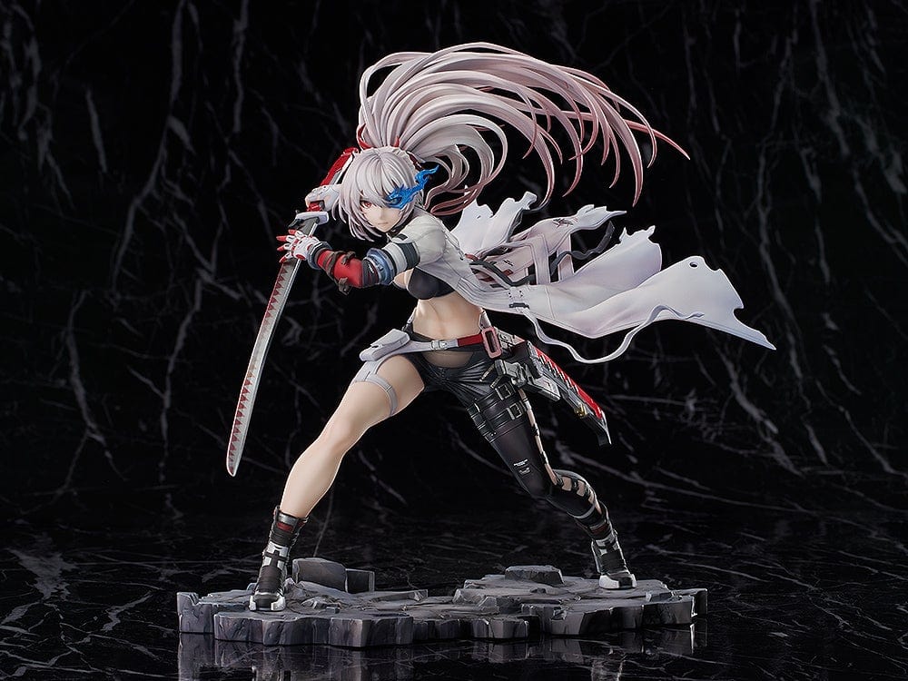 Punishing: Gray Raven Lucia: Crimson Weave 1/7 Scale Figure in dynamic battle pose, with flowing white coat, katana, and detailed battlefield base.