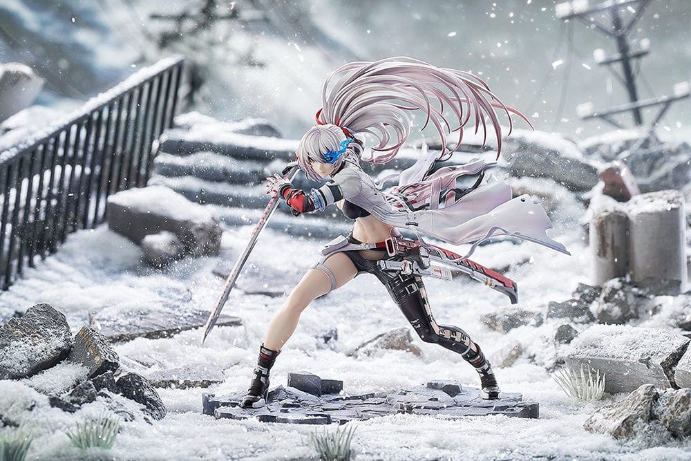 Punishing: Gray Raven Lucia: Crimson Weave 1/7 Scale Figure in dynamic battle pose, with flowing white coat, katana, and detailed battlefield base.