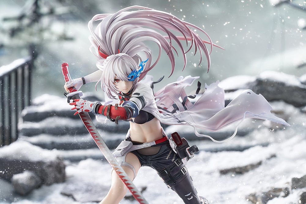 Punishing: Gray Raven Lucia: Crimson Weave 1/7 Scale Figure in dynamic battle pose, with flowing white coat, katana, and detailed battlefield base.