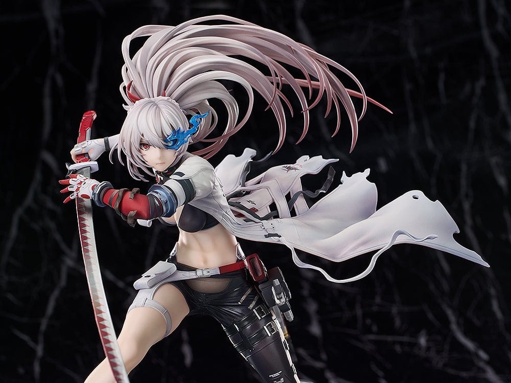 Punishing: Gray Raven Lucia: Crimson Weave 1/7 Scale Figure in dynamic battle pose, with flowing white coat, katana, and detailed battlefield base.