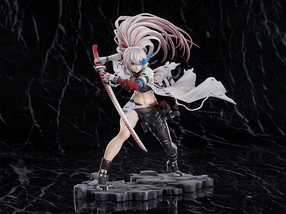 Punishing: Gray Raven Lucia: Crimson Weave 1/7 Scale Figure in dynamic battle pose, with flowing white coat, katana, and detailed battlefield base.