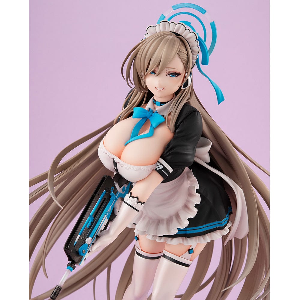 Blue Archive Lucrea Asuna Figure in maid outfit holding weapon, standing with flowing hair and detailed black and white uniform.